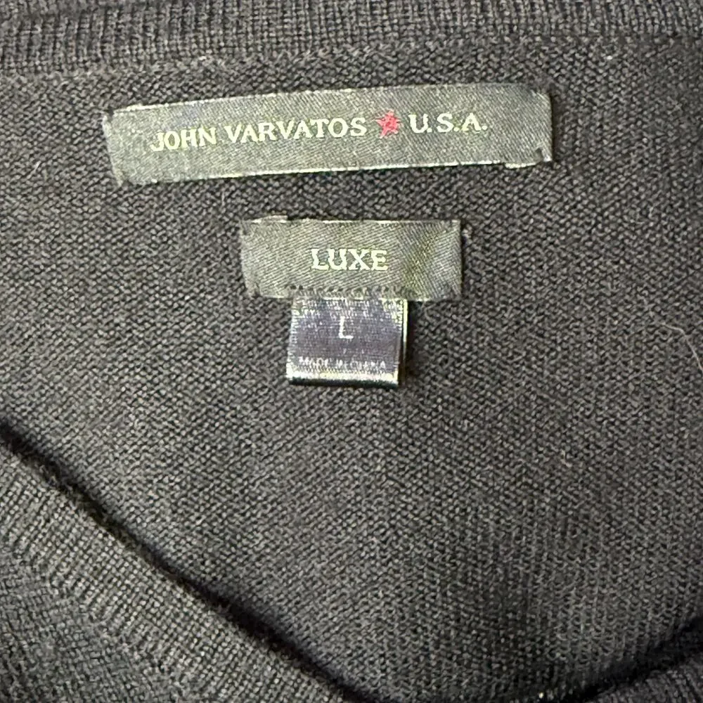 John Varvatos USA Luxe Merino Wool Lamb Leather Trim V-Neck Sweater Mens L Black